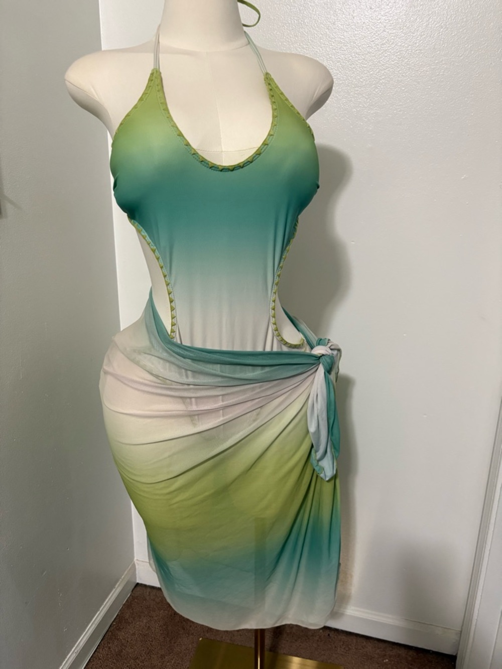 Gradient Green-Teal Halter Swim Coverup with Sarong NWT